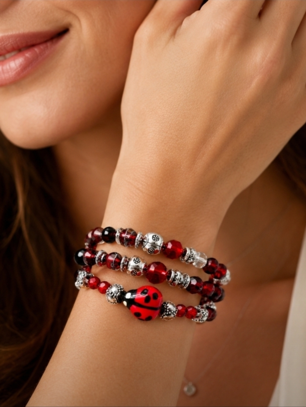 Hand Crafted Ruby Red and Silver Ladybug Bead Stack Bracelet